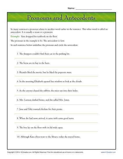 pronouns and antecedents worksheets 5th grade